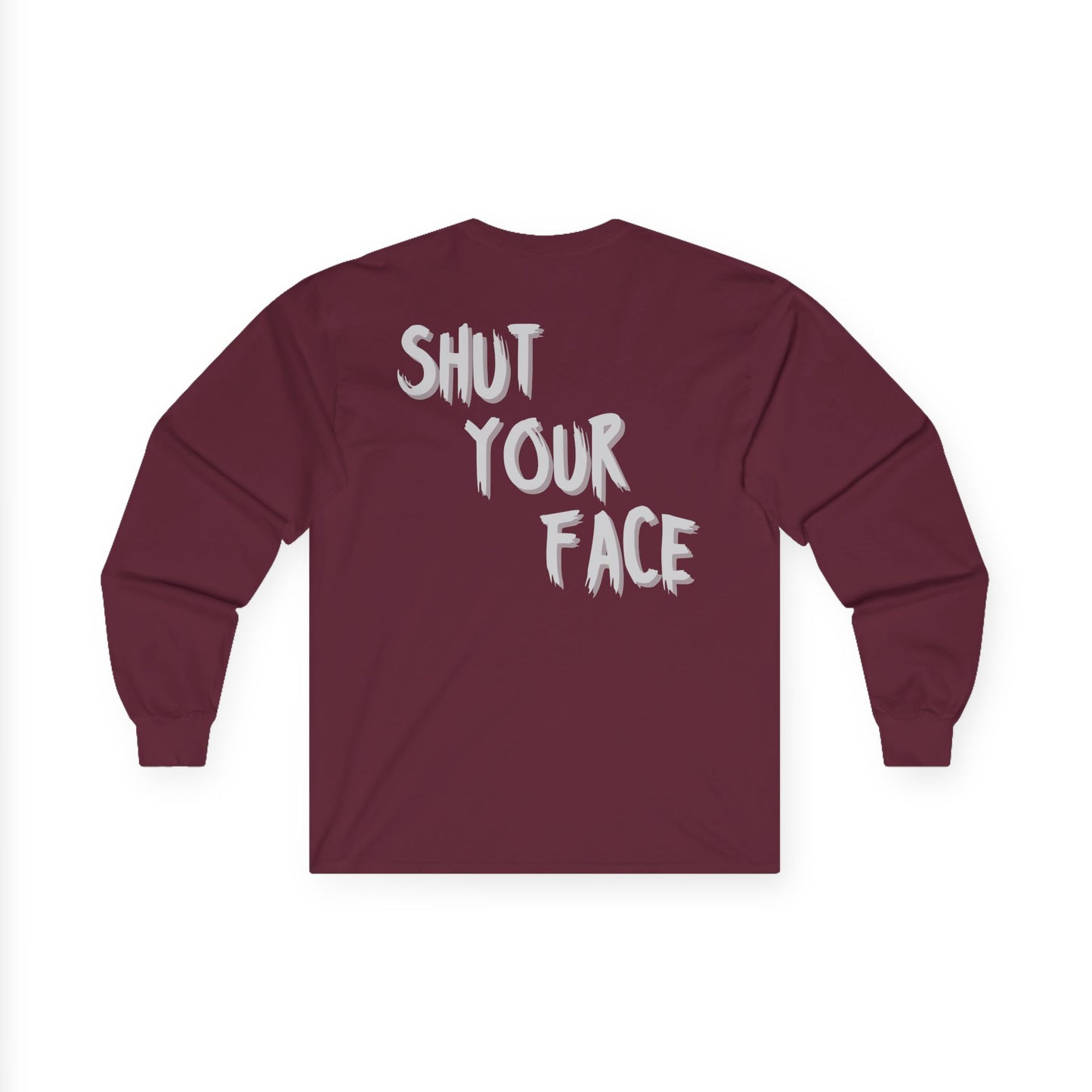 Face Shut Crest Long Sleeve Shirt – Funny Graphic Back Print Tee – Bold Statement Apparel – Unisex Long Sleeve Top