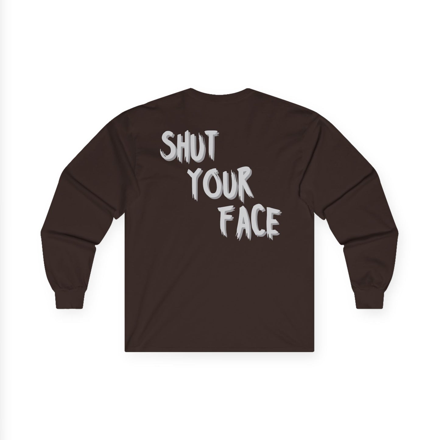 Face Shut Crest Long Sleeve Shirt – Funny Graphic Back Print Tee – Bold Statement Apparel – Unisex Long Sleeve Top