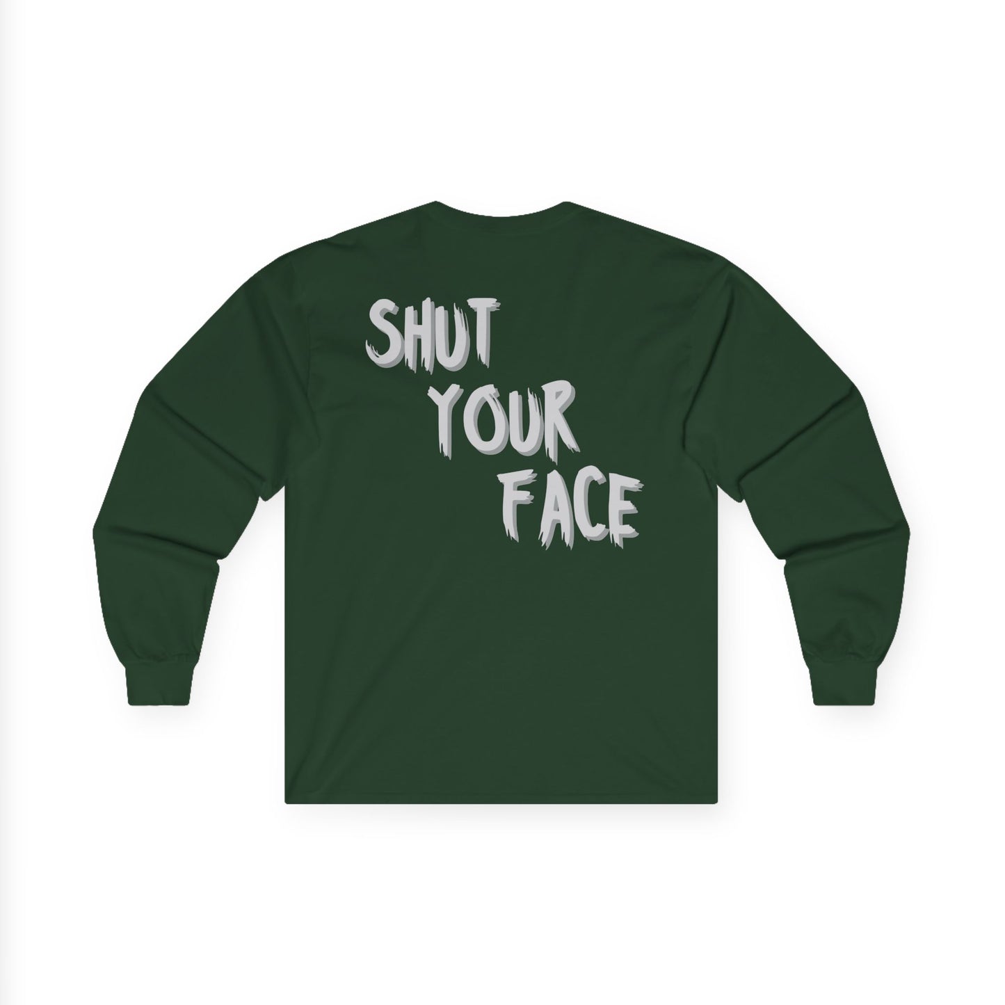 Face Shut Crest Long Sleeve Shirt – Funny Graphic Back Print Tee – Bold Statement Apparel – Unisex Long Sleeve Top