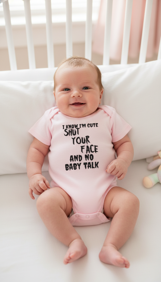 Funny Baby Onesie – “I Know I’m Cute, Shut Your Face & No Baby Talk” Infant Bodysuit